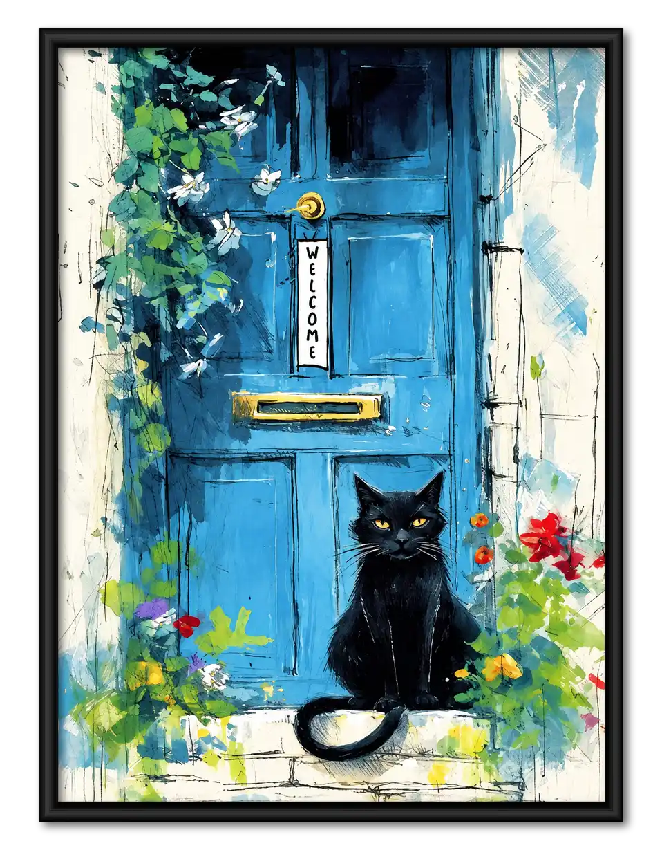 Black Cat At Blue Welcome Door Wall Art 1
