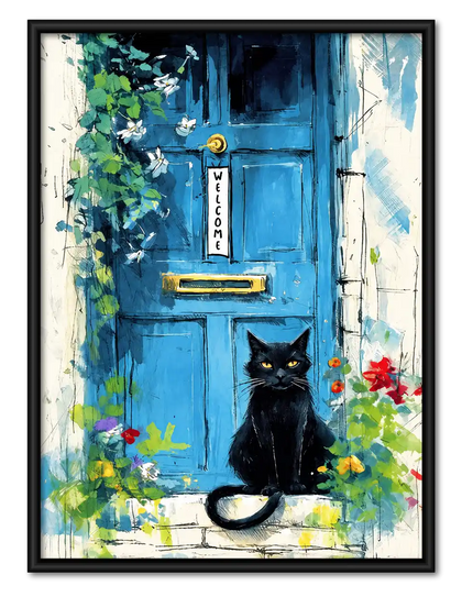 Black Cat At Blue Welcome Door Wall Art