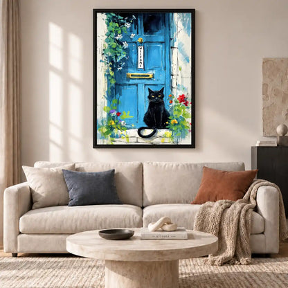 Black Cat At Blue Welcome Door Wall Art 2
