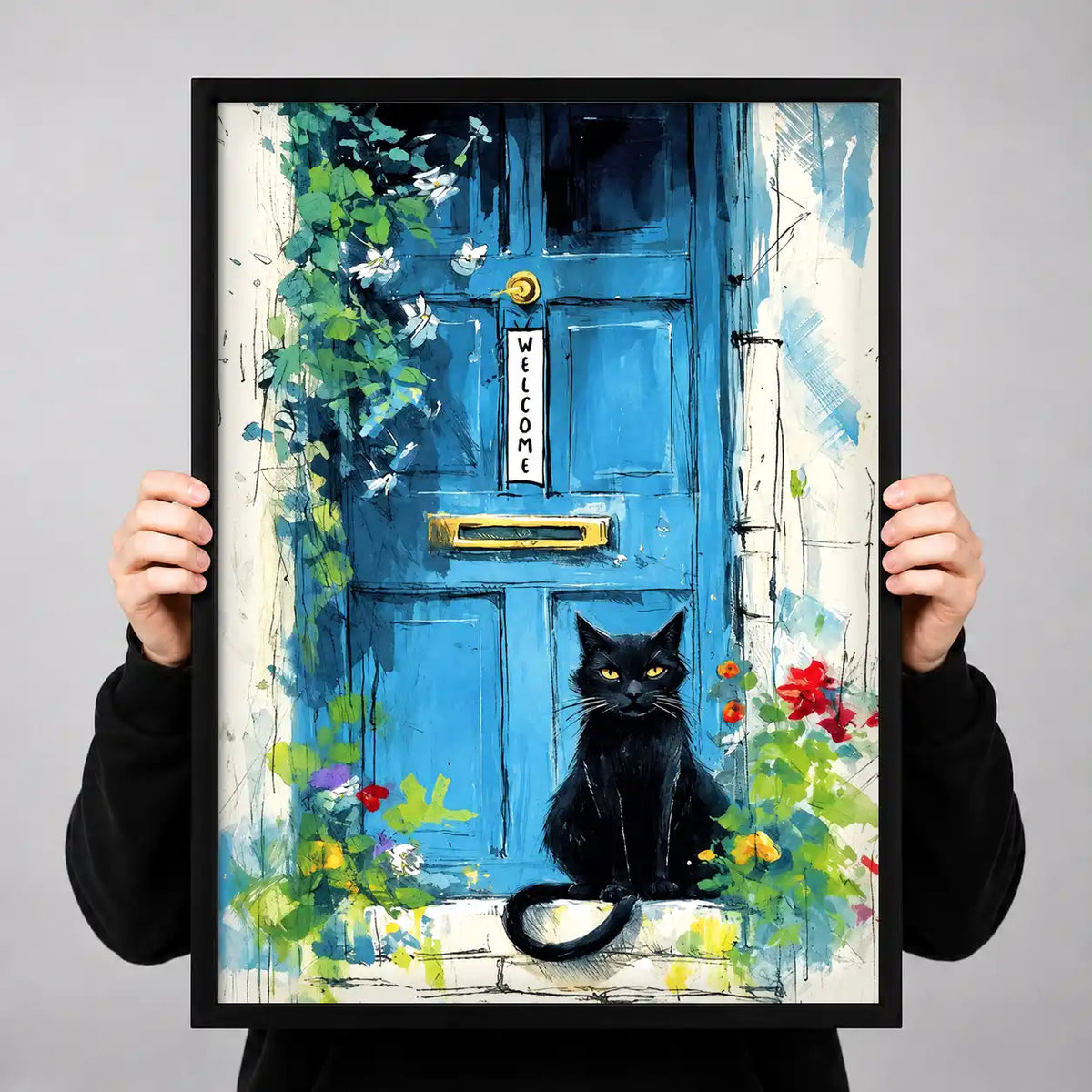Black Cat At Blue Welcome Door Wall Art 3