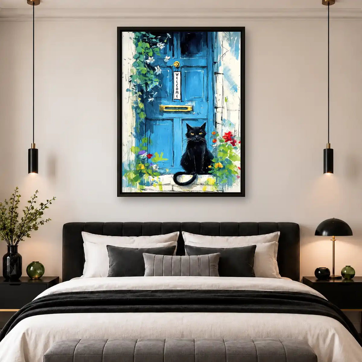 Black Cat At Blue Welcome Door Wall Art 4