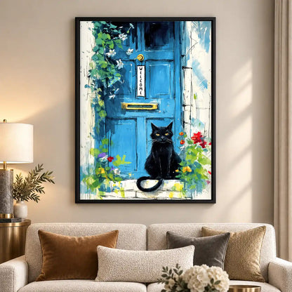 Black Cat At Blue Welcome Door Wall Art 5