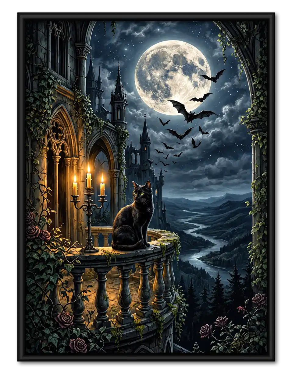 Black Cat At Moonlit Castle Wall Art 1