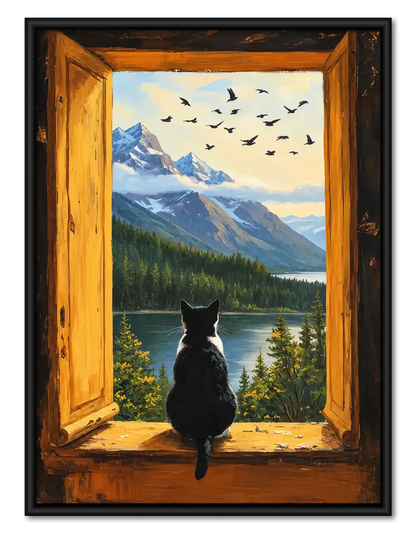 Black Cat At Mountain Window Wall Art 1