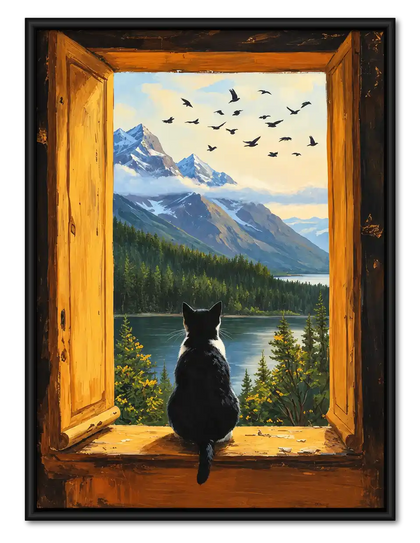 Black Cat At Mountain Window Wall Art