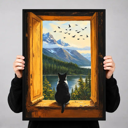 Black Cat At Mountain Window Wall Art 3