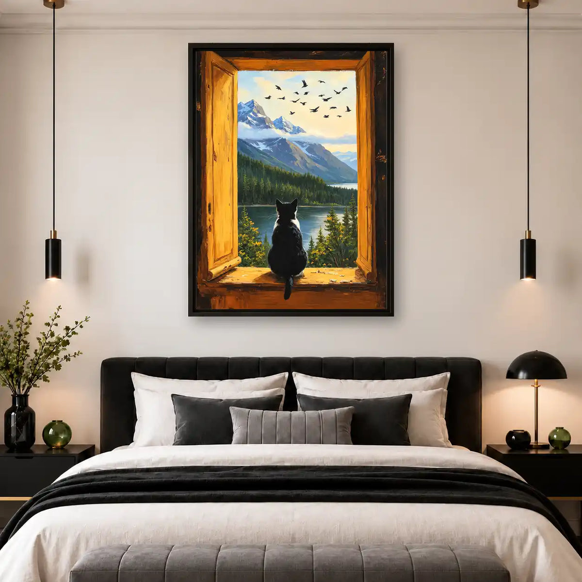Black Cat At Mountain Window Wall Art 4