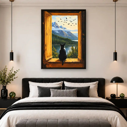 Black Cat At Mountain Window Wall Art 4