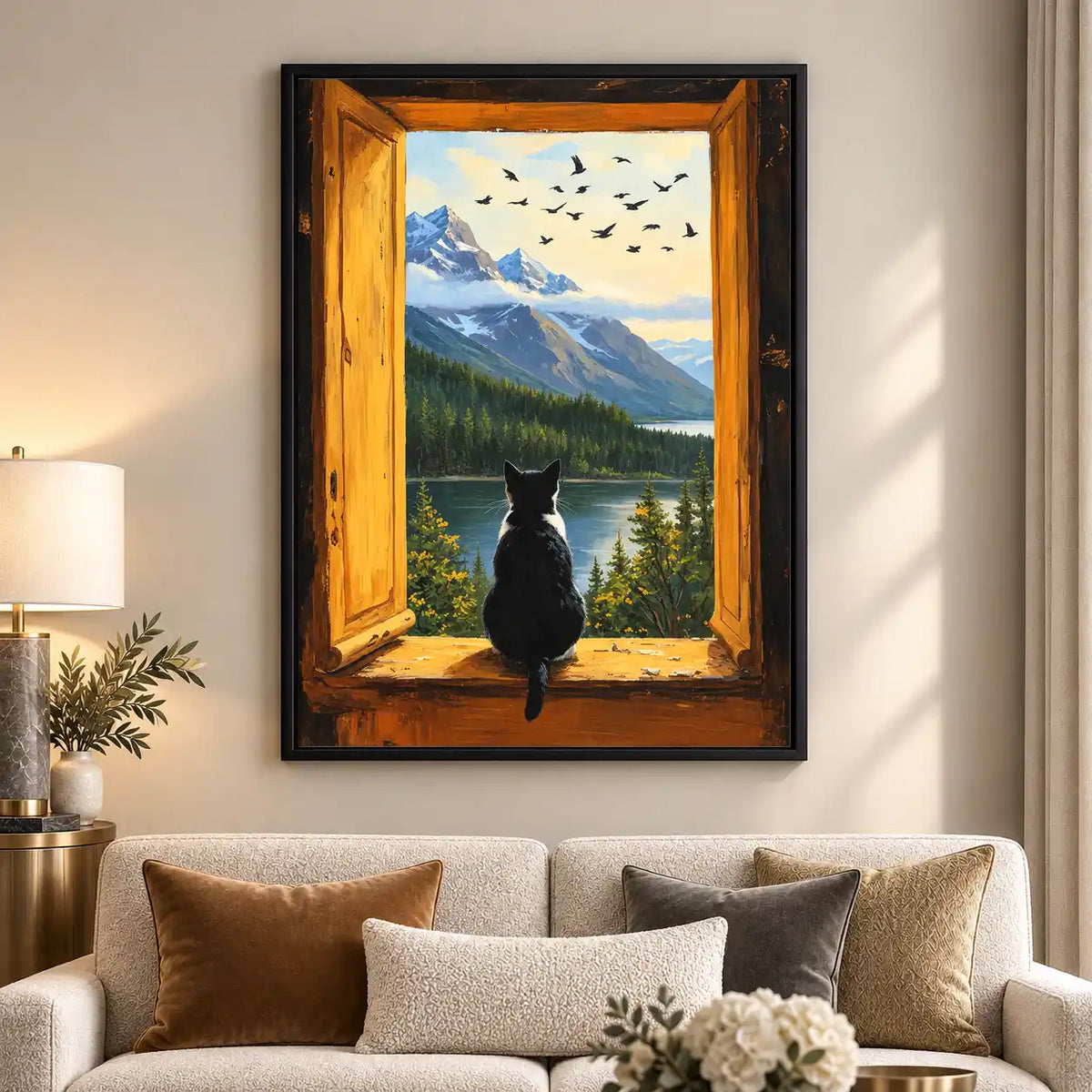 Black Cat At Mountain Window Wall Art 5