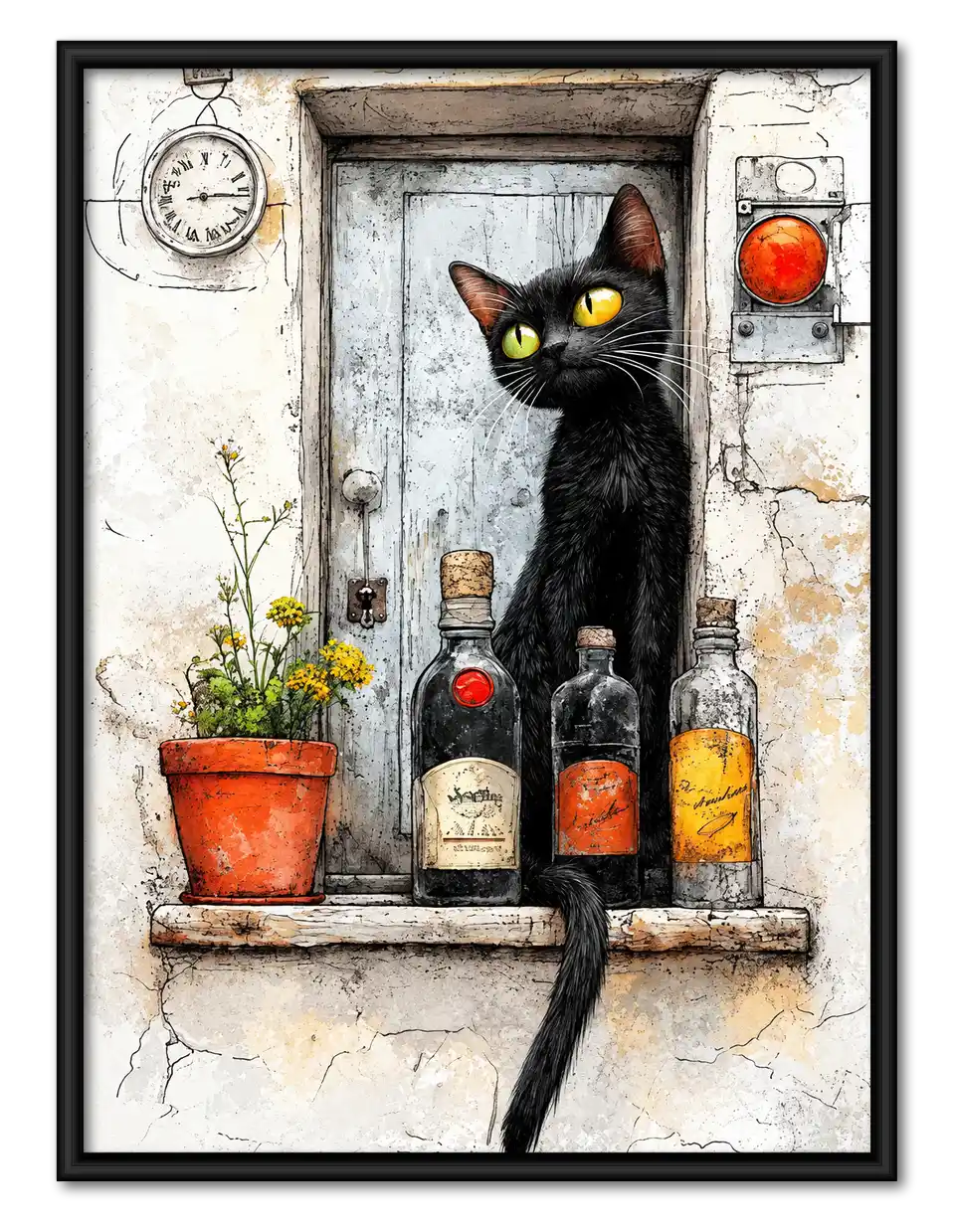 Black Cat At Rustic Bottle Window Wall Art 1