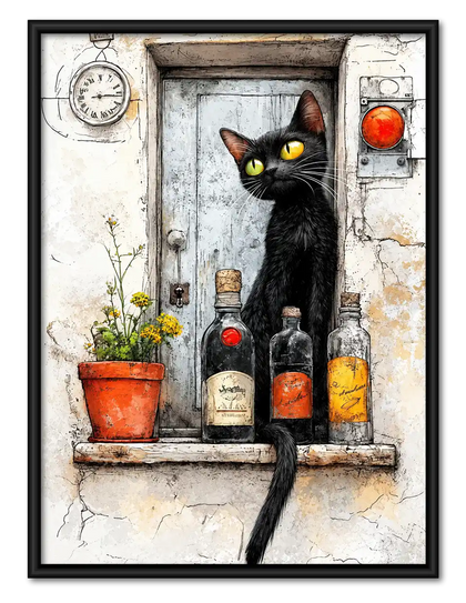 Black Cat At Rustic Bottle Window Wall Art