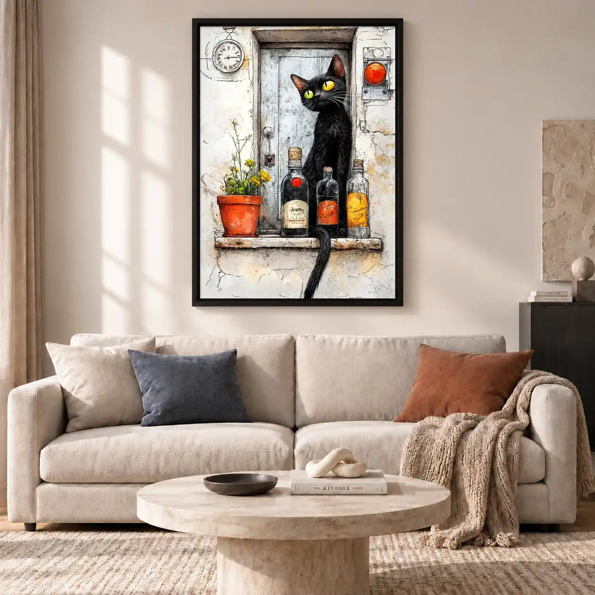 Black Cat At Rustic Bottle Window Wall Art 2