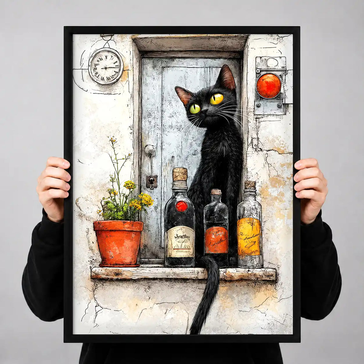 Black Cat At Rustic Bottle Window Wall Art 3