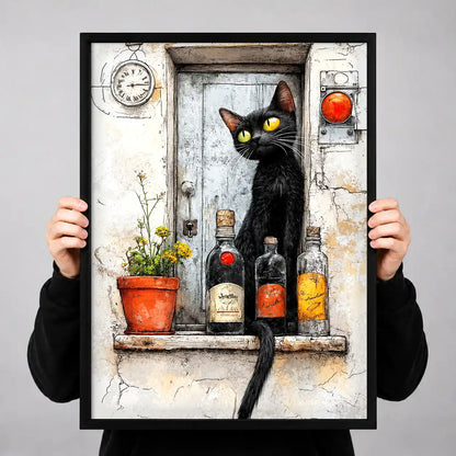 Black Cat At Rustic Bottle Window Wall Art 3