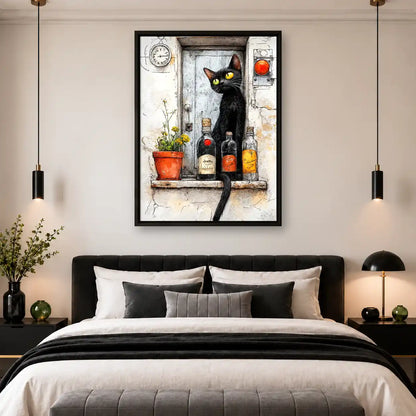 Black Cat At Rustic Bottle Window Wall Art 4
