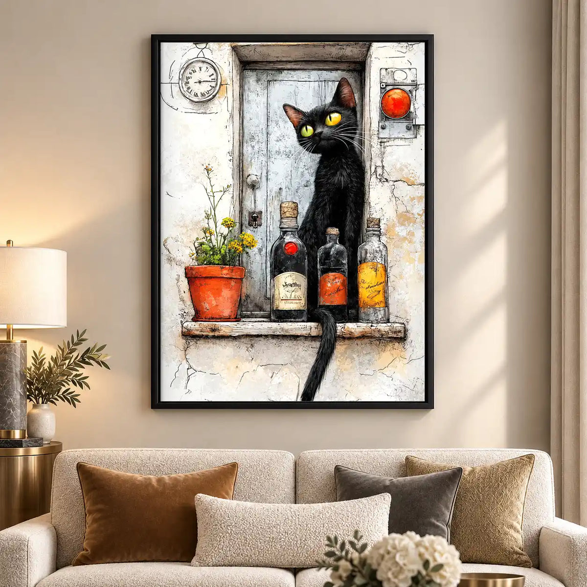 Black Cat At Rustic Bottle Window Wall Art 5