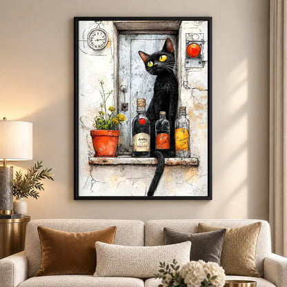 Black Cat At Rustic Bottle Window Wall Art 5