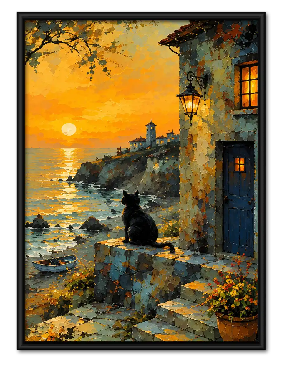 Black Cat At Seaside Sunset Wall Art 1