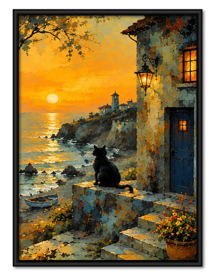 Black Cat At Seaside Sunset Wall Art