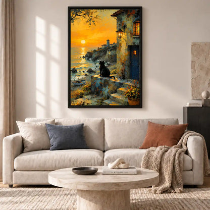 Black Cat At Seaside Sunset Wall Art 2