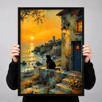 Black Cat At Seaside Sunset Wall Art 3