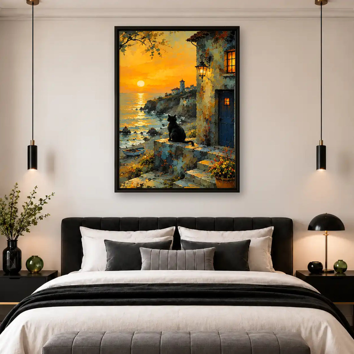 Black Cat At Seaside Sunset Wall Art 4