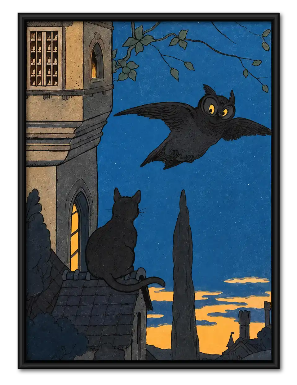 Black Cat Bat At Blue Tower Wall Art 1