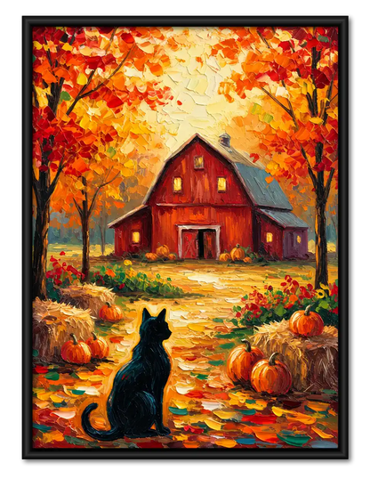 Black Cat Before Autumn Barn Wall Art 1