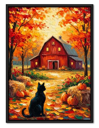 Black Cat Before Autumn Barn Wall Art