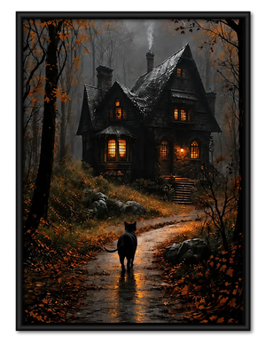 Black Cat Before Haunted House Wall Art