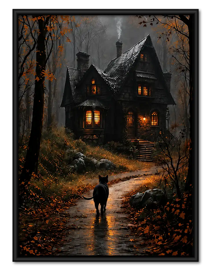 Black Cat Before Haunted House Wall Art