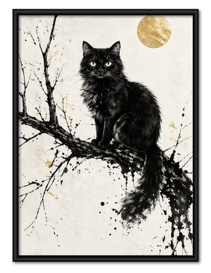 Black Cat Beneath Gold Moon Wall Art