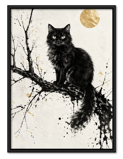 Black Cat Beneath Gold Moon Wall Art