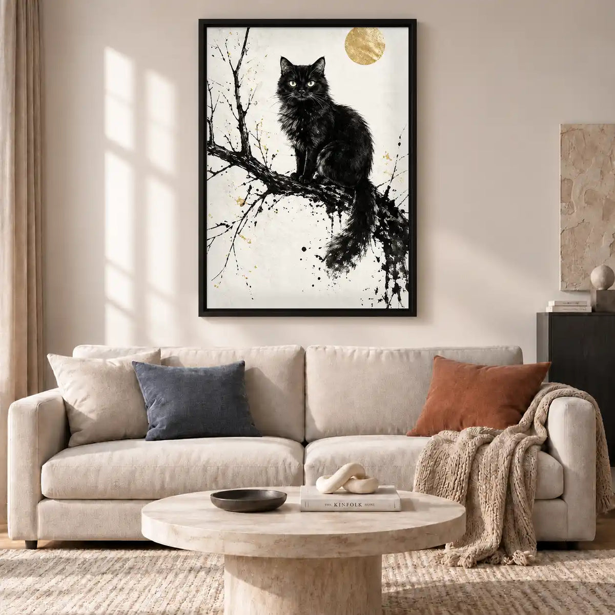 Black Cat Beneath Gold Moon Wall Art 2