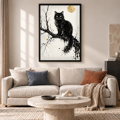 Black Cat Beneath Gold Moon Wall Art 2
