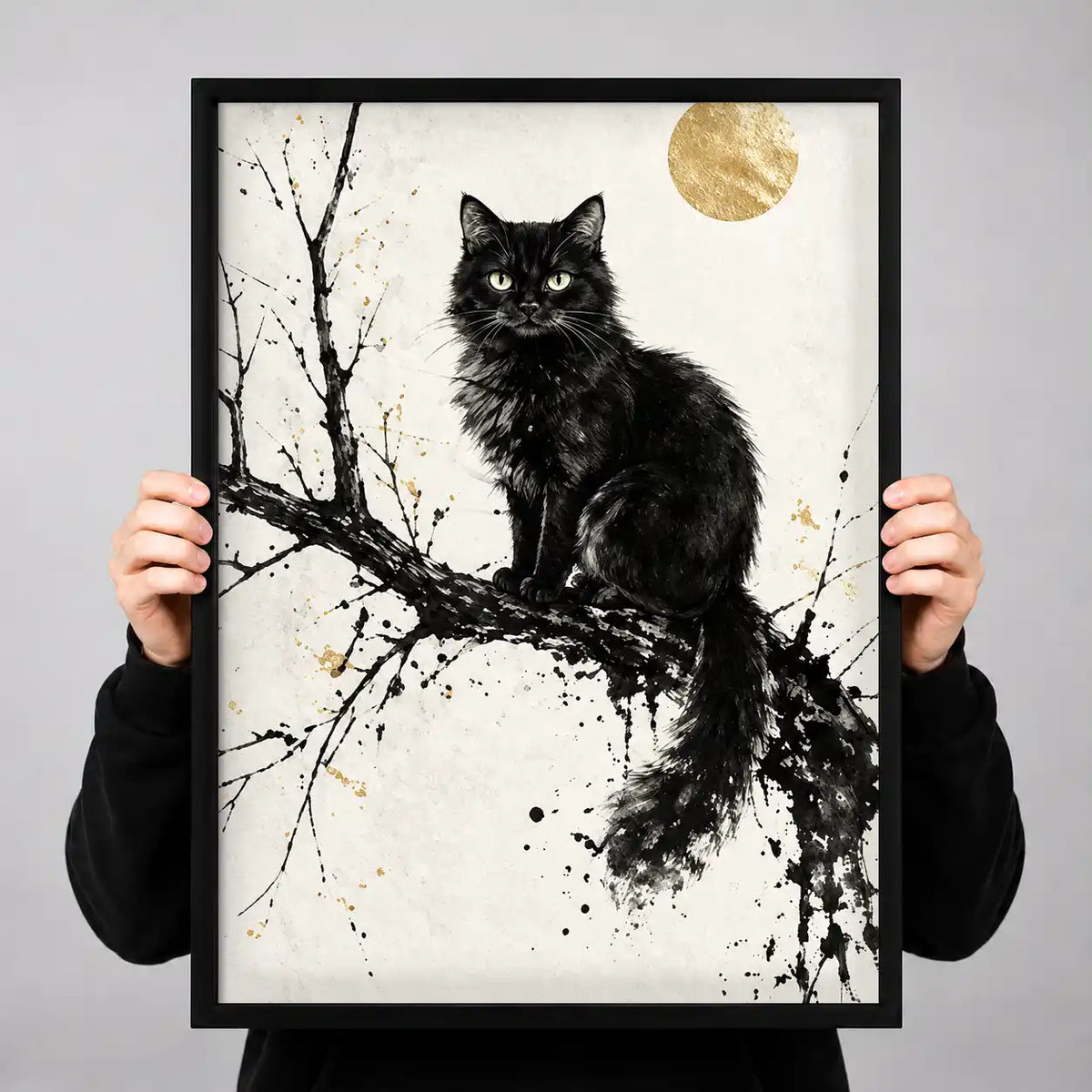 Black Cat Beneath Gold Moon Wall Art 3
