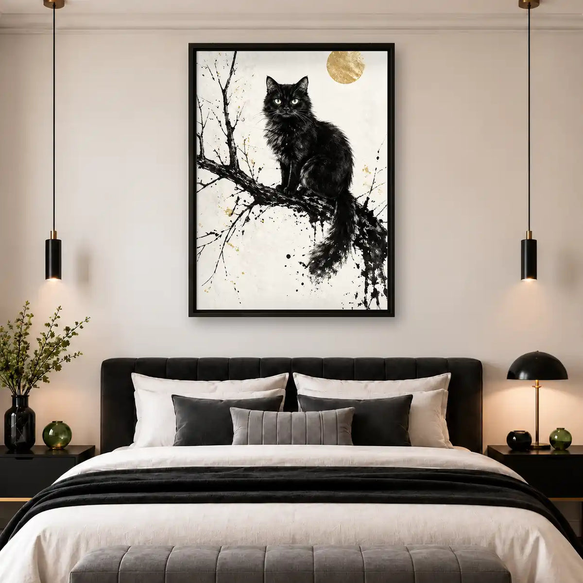 Black Cat Beneath Gold Moon Wall Art 4