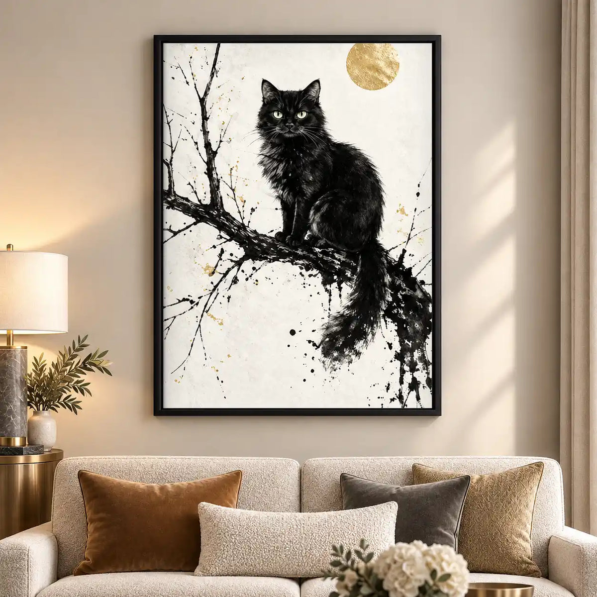 Black Cat Beneath Gold Moon Wall Art 5