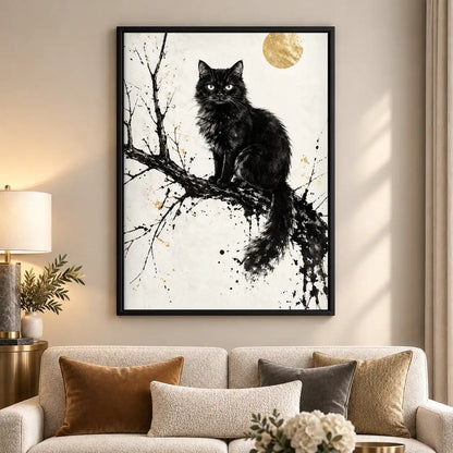 Black Cat Beneath Gold Moon Wall Art 5