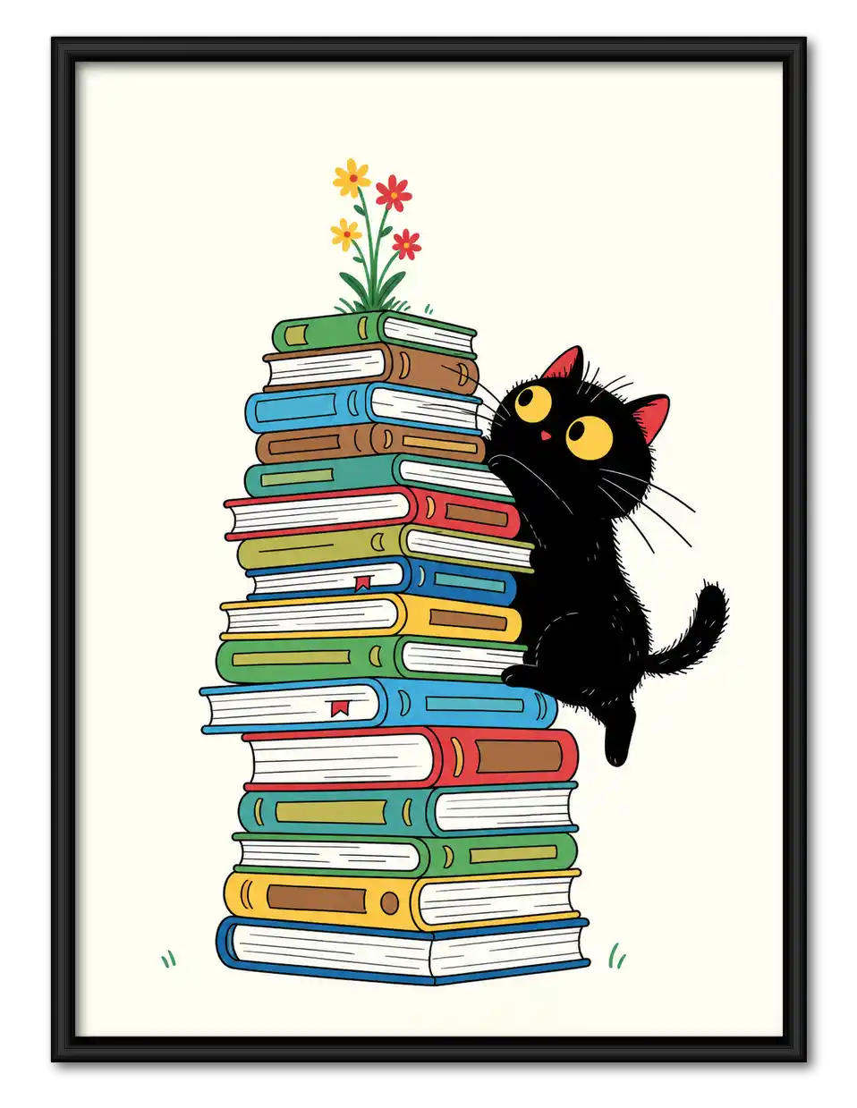 Black Cat Beside Book Stack Wall Art 1