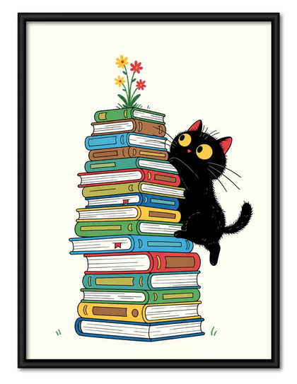 Black Cat Beside Book Stack Wall Art