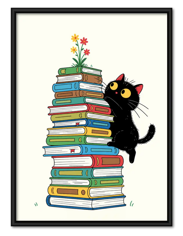 Black Cat Beside Book Stack Wall Art