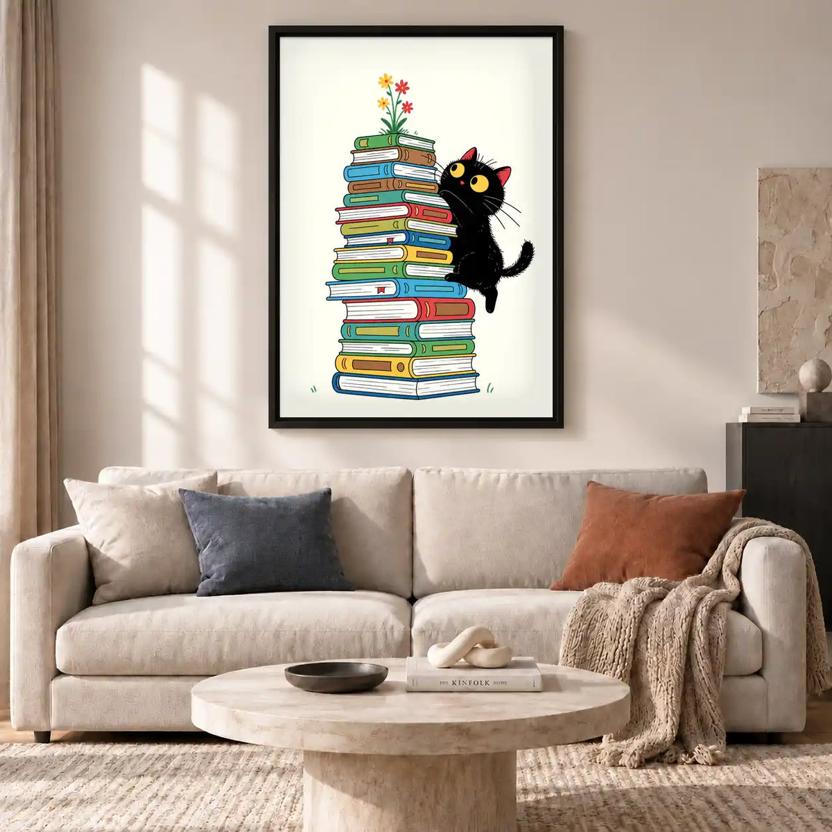 Black Cat Beside Book Stack Wall Art 2