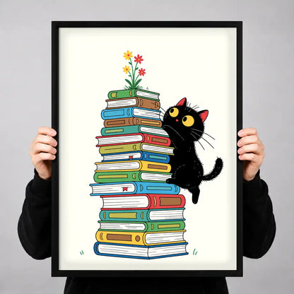 Black Cat Beside Book Stack Wall Art 3