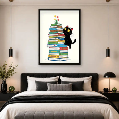 Black Cat Beside Book Stack Wall Art 4