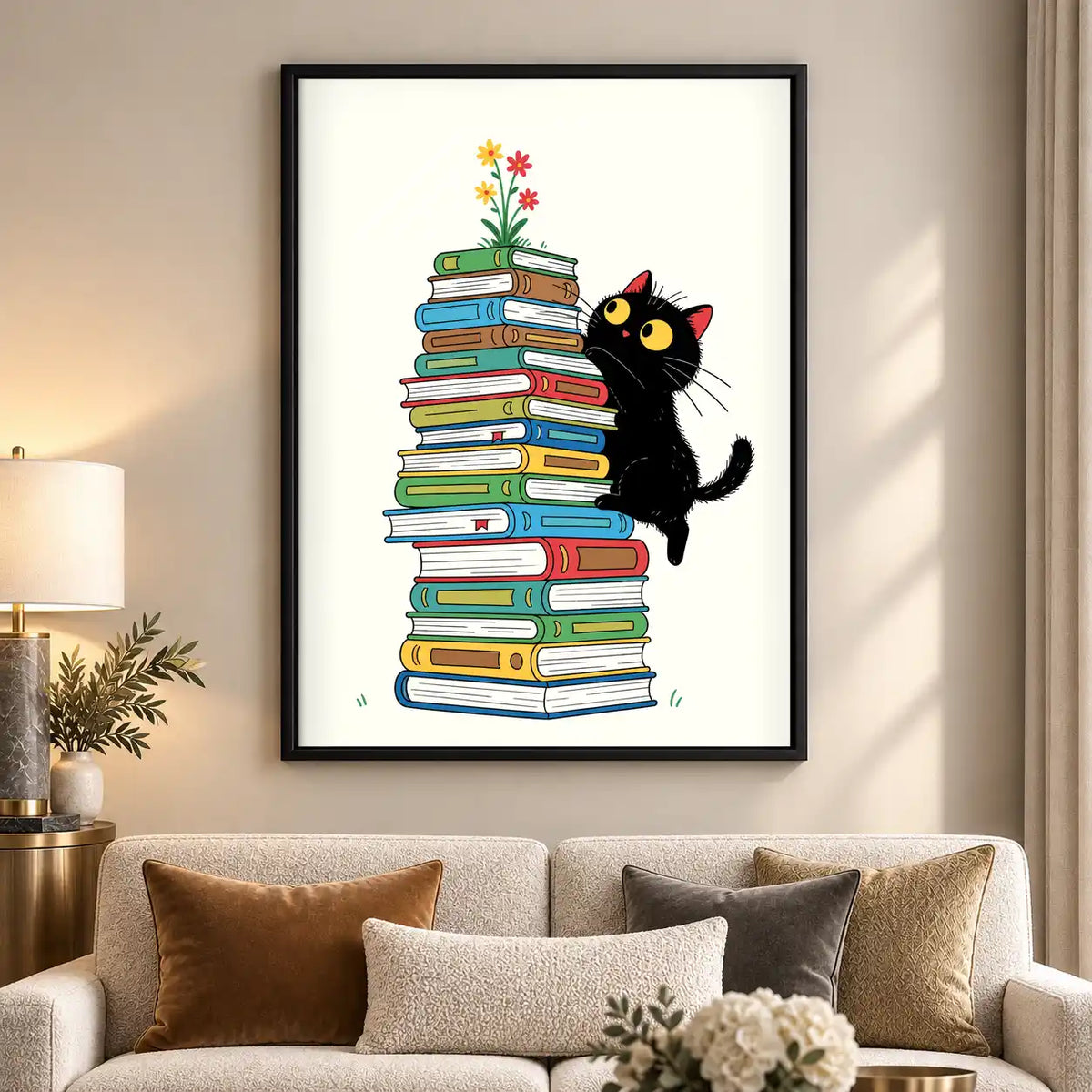 Black Cat Beside Book Stack Wall Art 5