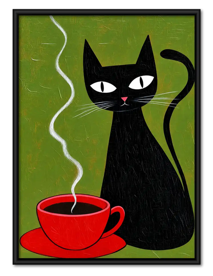 Black Cat Beside Red Coffee Wall Art 1