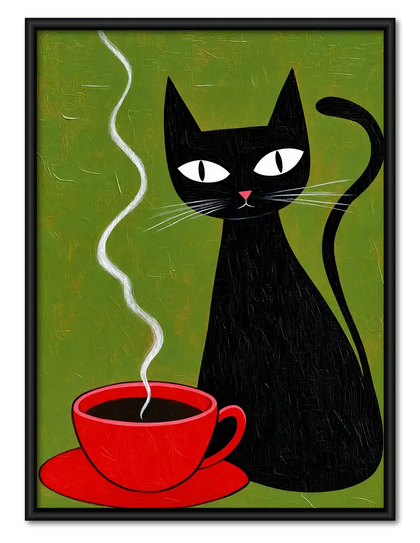 Black Cat Beside Red Coffee Wall Art