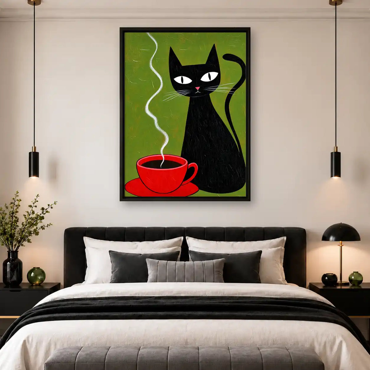 Black Cat Beside Red Coffee Wall Art 4