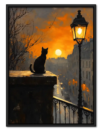 Black Cat By Sunset Lantern Wall Art